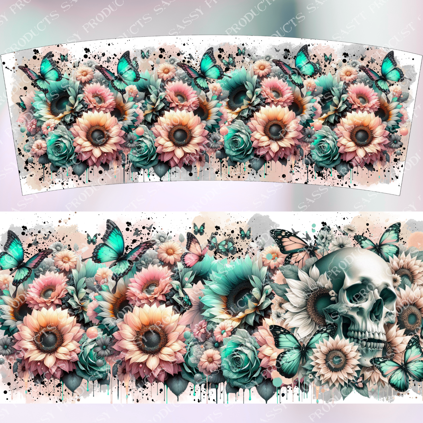 Watercolor Butterflies Tumbler Wrap: Sunflowers & Skull Design 30oz (Digital PNG)