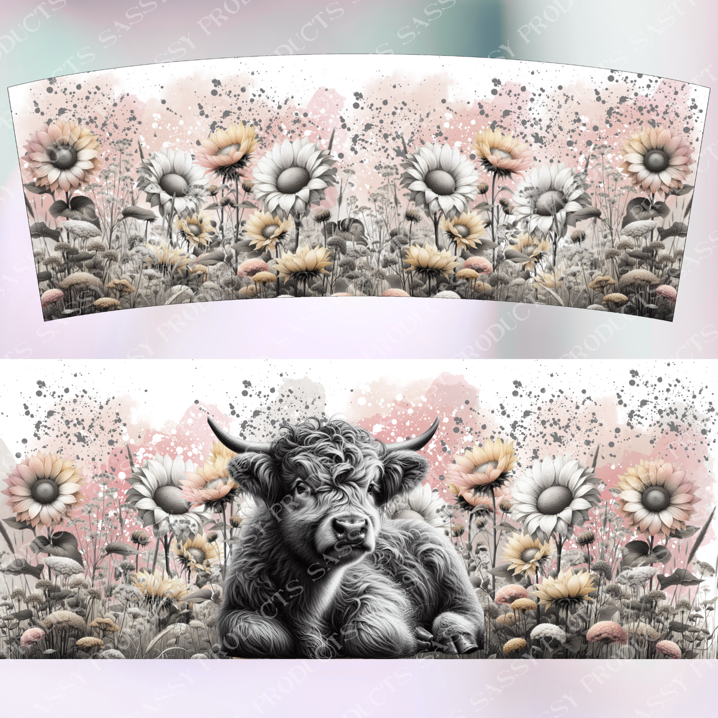 Highland Cows and Sunflowers - Black and white - Digital PNG 30oz (Flip Lid Drink Bottle) Sublimation Tumbler Wrap