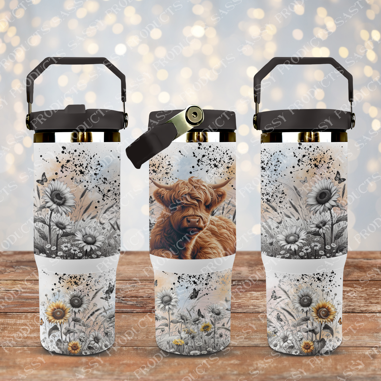 Highland Cows and Sunflowers - Digital PNG 30oz (Flip Lid Drink Bottle) Sublimation Tumbler Wrap