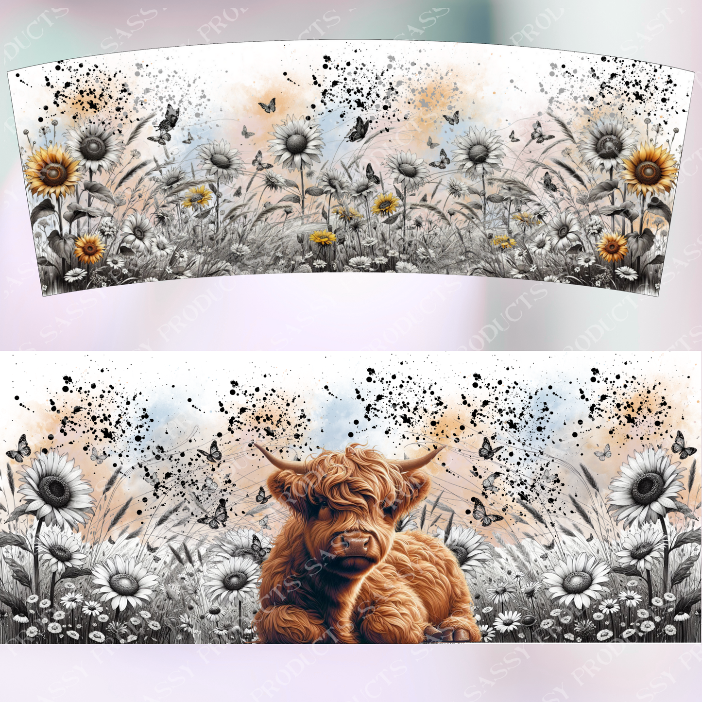 Highland Cows and Sunflowers - Digital PNG 30oz (Flip Lid Drink Bottle) Sublimation Tumbler Wrap