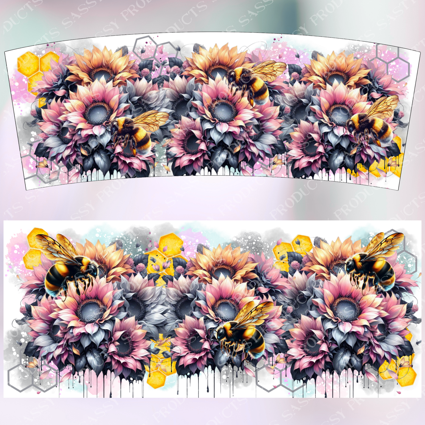 Bees - Sunflowers - Pinks and Yellow - 30oz tumbler Design 30oz - PNG (Digital Download)