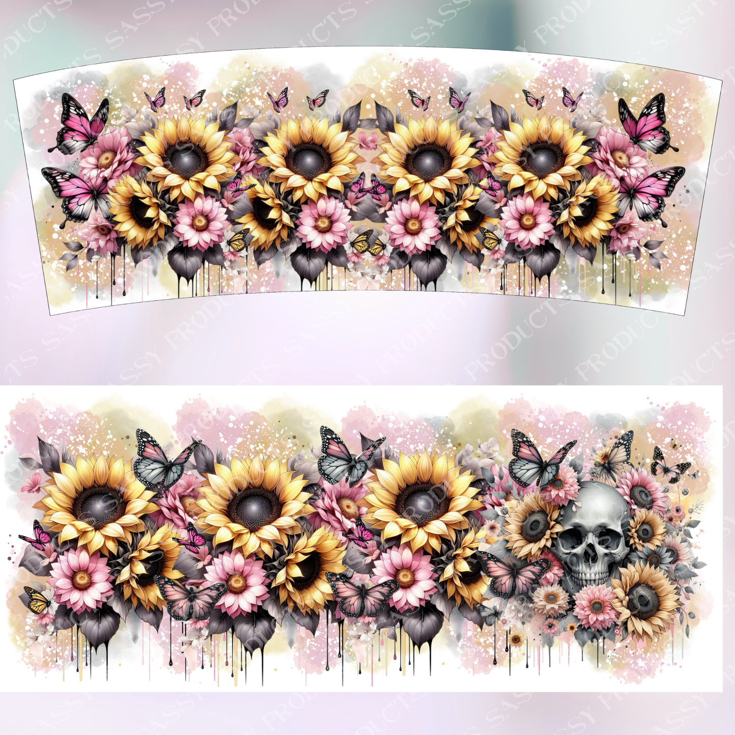 Watercolor Butterflies Tumbler Wrap: Sunflowers & Skull Design 30oz (Digital PNG)
