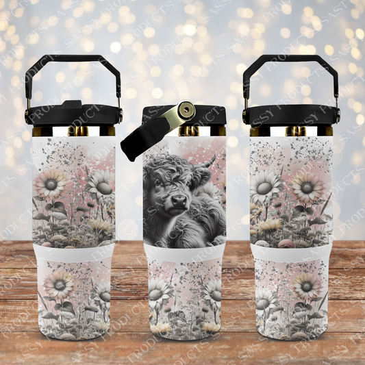 Highland Cows and Sunflowers - Black and white - Digital PNG 30oz (Flip Lid Drink Bottle) Sublimation Tumbler Wrap