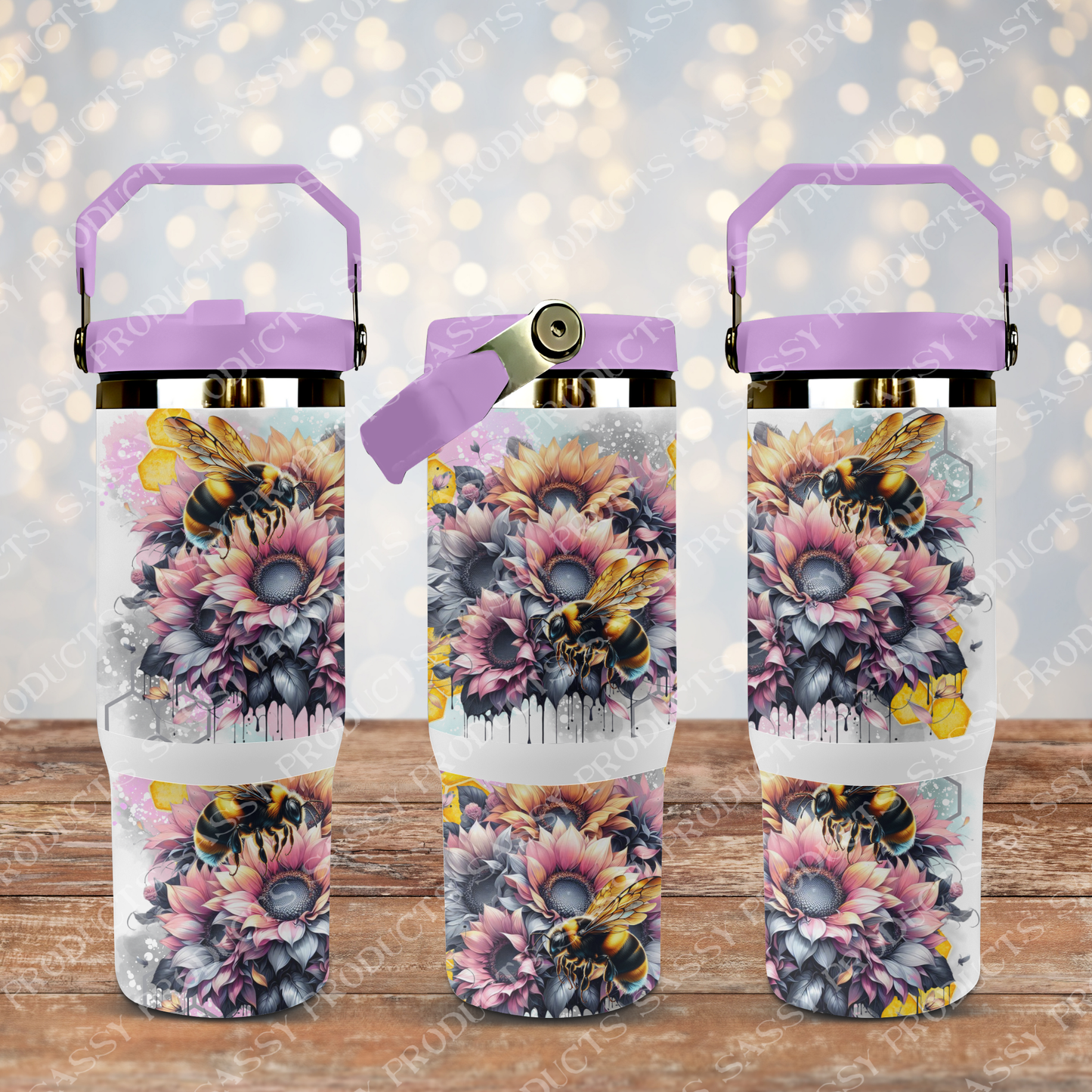 Bees - Sunflowers - Pinks and Yellow - 30oz tumbler Design 30oz - PNG (Digital Download)