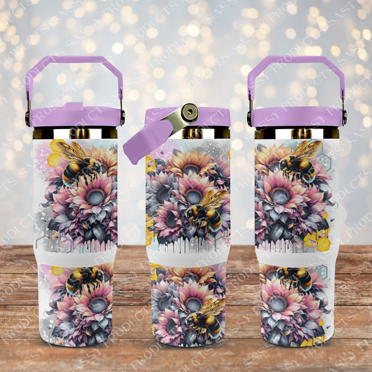 Bees - Sunflowers - Pinks and Yellow - 30oz tumbler Design 30oz - PNG (Digital Download)