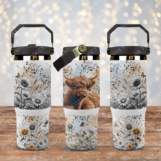 Highland Cows and Sunflowers - Digital PNG 30oz (Flip Lid Drink Bottle) Sublimation Tumbler Wrap