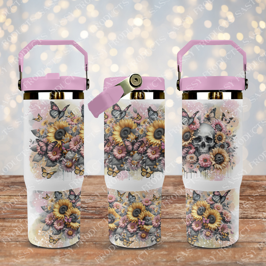 Watercolor Butterflies Tumbler Wrap: Sunflowers & Skull Design 30oz (Digital PNG)